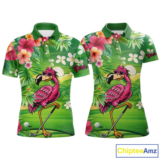 Personalized Green tropical flower flamingo matching men and womens golf shirts, team golf clothes NQS11399