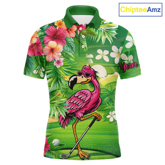 Personalized Green tropical flower flamingo matching men and womens golf shirts, team golf clothes NQS11399