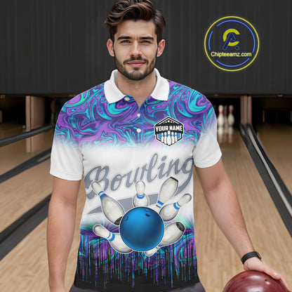 Mens Bowling polo shirts Custom blue purple marble pattern bowling Team Jerseys, gift for bowlers NQS7141