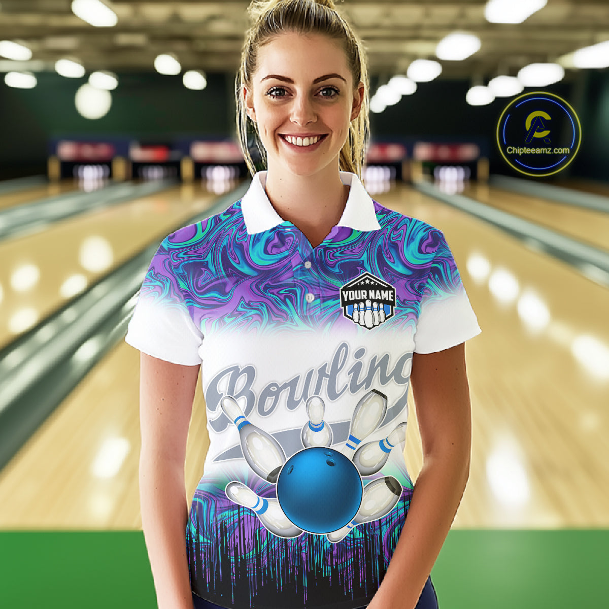 Women bowling polo shirts Custom blue purple marble pattern bowling Team Jerseys, gift for bowlers NQS7141