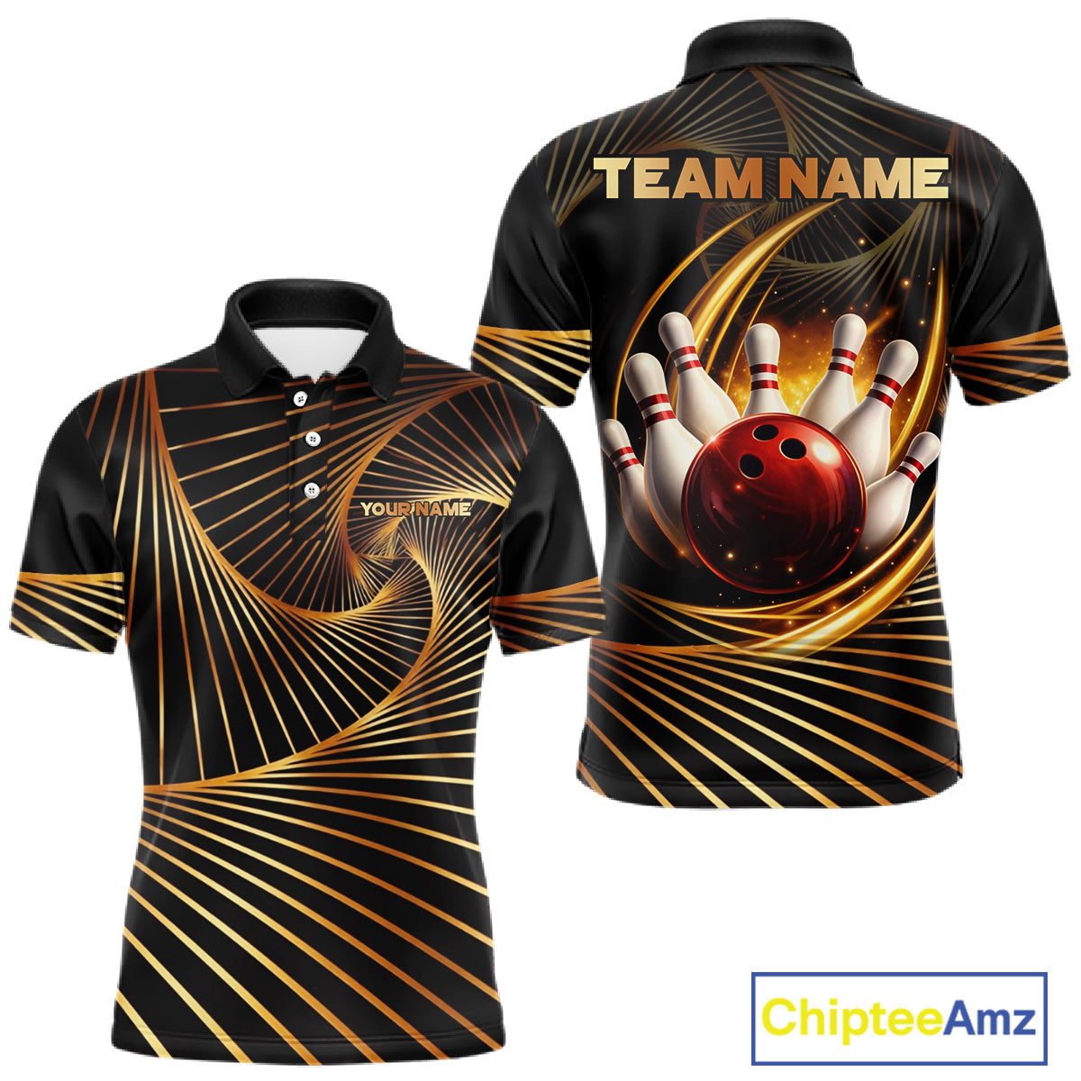 Custom Black and Gold Bowling Polo, Quarter Zip Shirts for Men, Team Bowling League Jerseys NQS11599