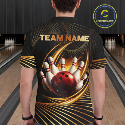 Custom Black and Gold Bowling Polo, Quarter Zip Shirts for Men, Team Bowling League Jerseys NQS11599