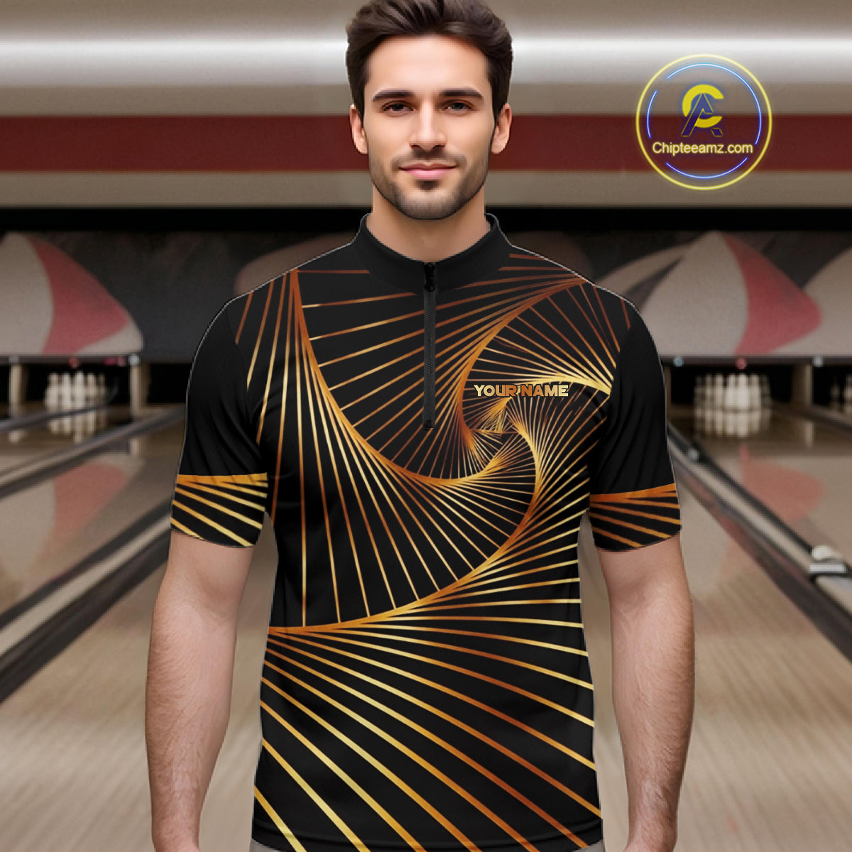 Custom Black and Gold Bowling Polo, Quarter Zip Shirts for Men, Team Bowling League Jerseys NQS11599