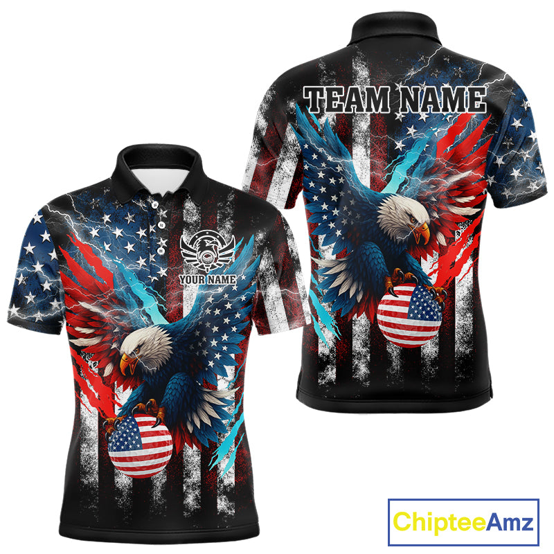 Personalized American Flag Eagle Lightning Thunder Golf Polo Shirts For Men, Patriotic Golfing Gifts NQS11717