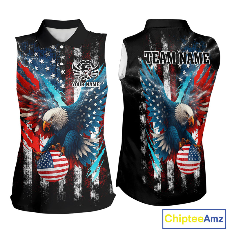 Personalized American Flag Eagle Lightning Thunder Sleeveless Golf Polo Shirt, Patriotic Golfing Gift NQS11717