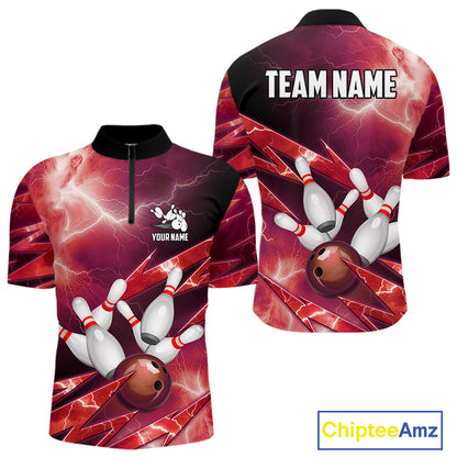 Red Storm Lightning Thunder Bowling Polo, Quarter Zip Shirt For Men Custom Bowling Team Jersey NQS11718