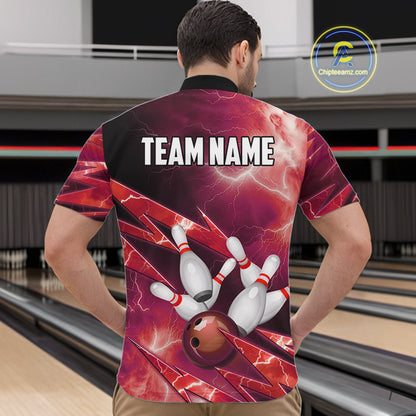 Red Storm Lightning Thunder Bowling Polo, Quarter Zip Shirt For Men Custom Bowling Team Jersey NQS11718