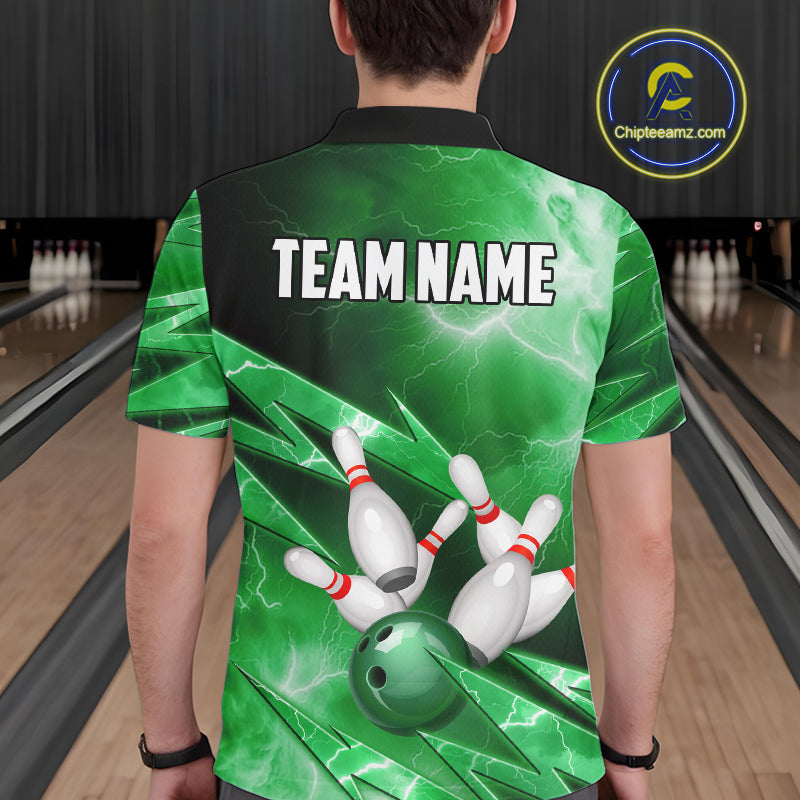 Green Storm Lightning Thunder Bowling Polo, Quarter Zip Shirt For Men Custom Bowling Team Jersey NQS11719