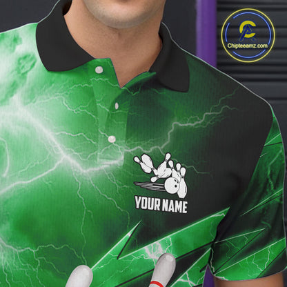 Green Storm Lightning Thunder Bowling Polo, Quarter Zip Shirt For Men Custom Bowling Team Jersey NQS11719