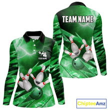 Load image into Gallery viewer, Green Storm Lightning Thunder Bowling Polo, Quarter Zip Shirt For Women Custom Bowling Team Jersey NQS11719