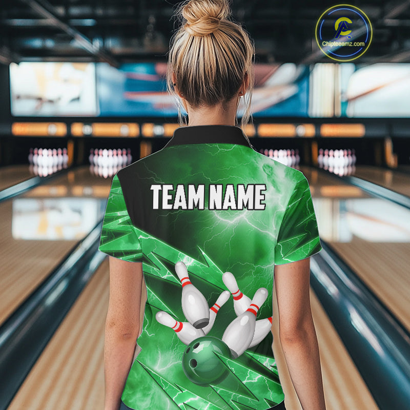 Green Storm Lightning Thunder Bowling Polo, Quarter Zip Shirt For Women Custom Bowling Team Jersey NQS11719