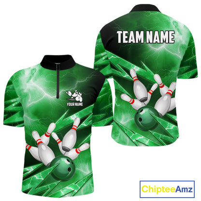 Green Storm Lightning Thunder Bowling Polo, Quarter Zip Shirt For Men Custom Bowling Team Jersey NQS11719