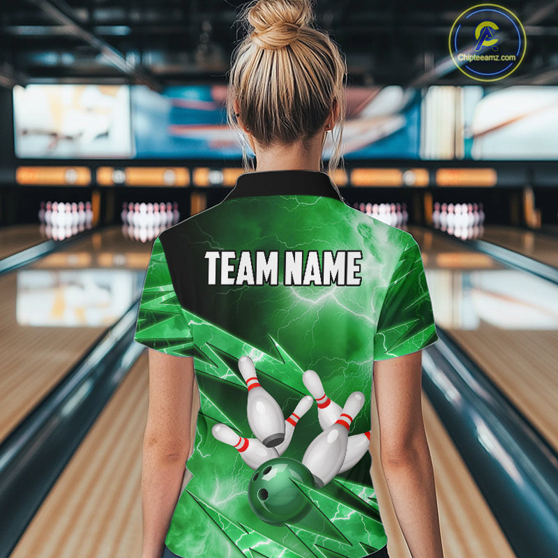 Green Storm Lightning Thunder Bowling Polo, Quarter Zip Shirt For Women Custom Bowling Team Jersey NQS11719