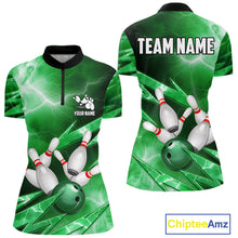 Load image into Gallery viewer, Green Storm Lightning Thunder Bowling Polo, Quarter Zip Shirt For Women Custom Bowling Team Jersey NQS11719
