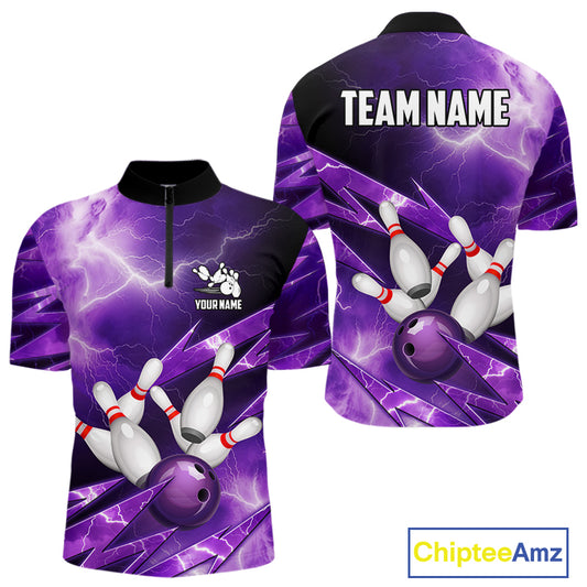 Purple Storm Lightning Thunder Bowling Polo, Quarter Zip Shirt For Men Custom Bowling Team Jersey NQS11720