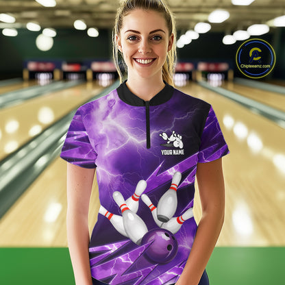 Purple Storm Lightning Thunder Bowling Polo, Quarter Zip Shirt For Women Custom Bowling Team Jersey NQS11720