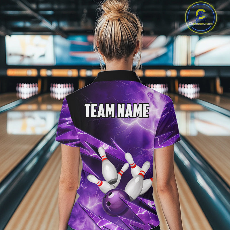 Purple Storm Lightning Thunder Bowling Polo, Quarter Zip Shirt For Women Custom Bowling Team Jersey NQS11720