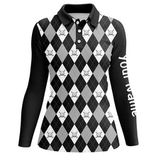 Load image into Gallery viewer, Black argyle plaid pattern Womens golf polos shirts custom golf shirts for women, ladies golf polo NQS7422