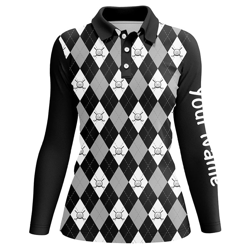 Black argyle plaid pattern Womens golf polos shirts custom golf shirts for women, ladies golf polo NQS7422