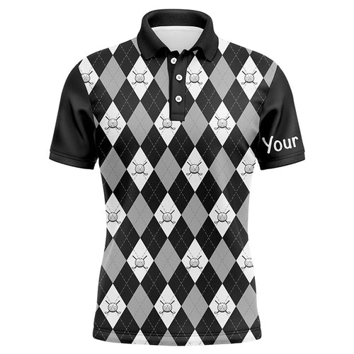 Black argyle plaid pattern Mens golf polo shirts custom golf attire for men, men's golf apparel NQS7422