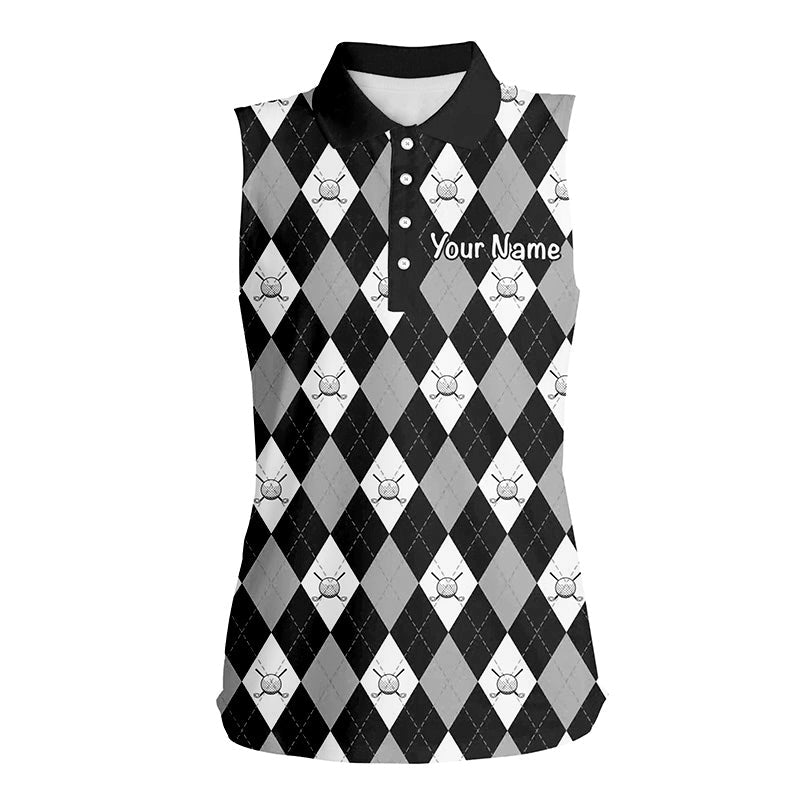 Black argyle plaid pattern Womens sleeveless polo shirt custom golf shirts for women, ladies golf polo NQS7422