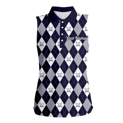 Navy argyle plaid pattern Womens sleeveless polo shirt custom golf shirts for women, ladies golf polo NQS7423