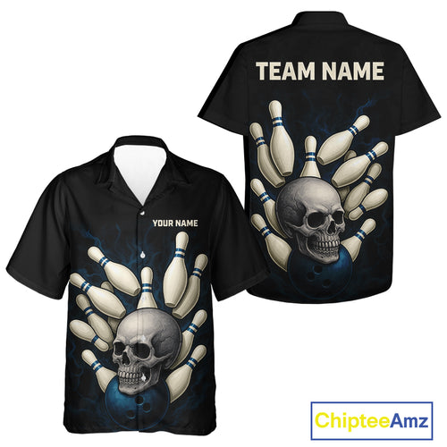 Black and Blue Skull Bowling Ball and Pins Hawaiian bowling shirt Custom skull team bowling jerseys NQS9850