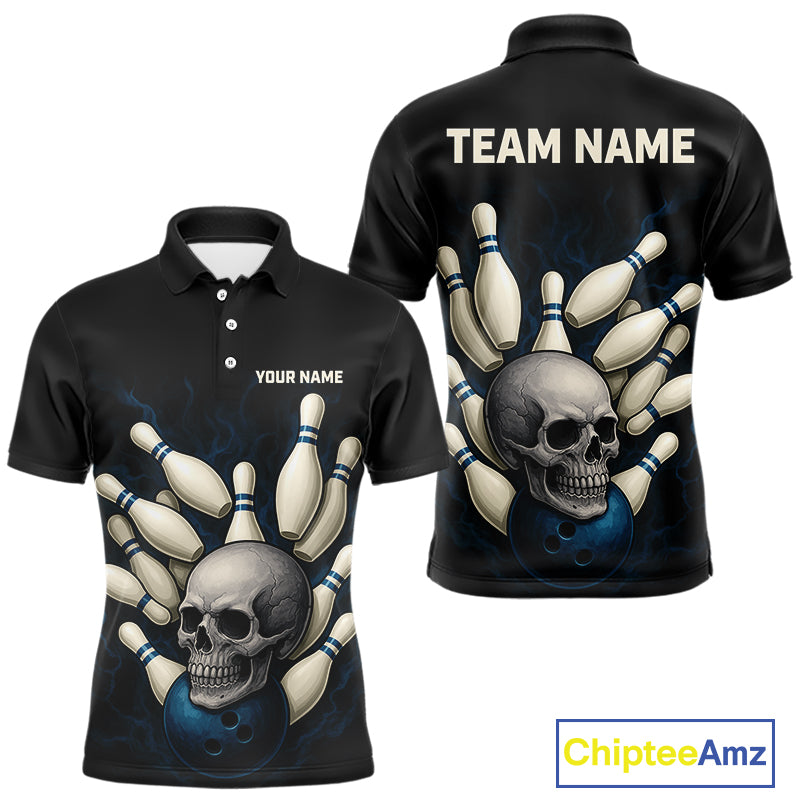 Black and Blue Skull Bowling Ball and Pins Bowling Shirts For Men Custom skull team bowling jerseys NQS9850