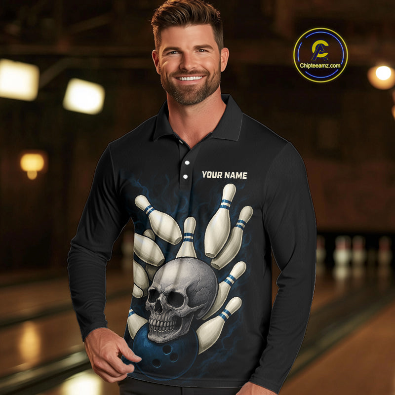 Black and Blue Skull Bowling Ball and Pins Bowling Shirts For Men Custom skull team bowling jerseys NQS9850