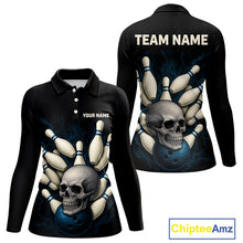Load image into Gallery viewer, Black and Blue Skull Bowling Ball and Pins Bowling Shirts For Women Custom skull team bowling jerseys NQS9850