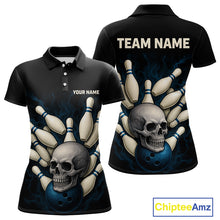 Load image into Gallery viewer, Black and Blue Skull Bowling Ball and Pins Bowling Shirts For Women Custom skull team bowling jerseys NQS9850