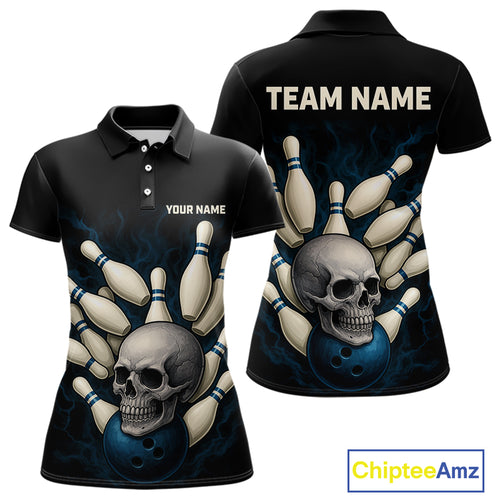 Black and Blue Skull Bowling Ball and Pins Bowling Shirts For Women Custom skull team bowling jerseys NQS9850