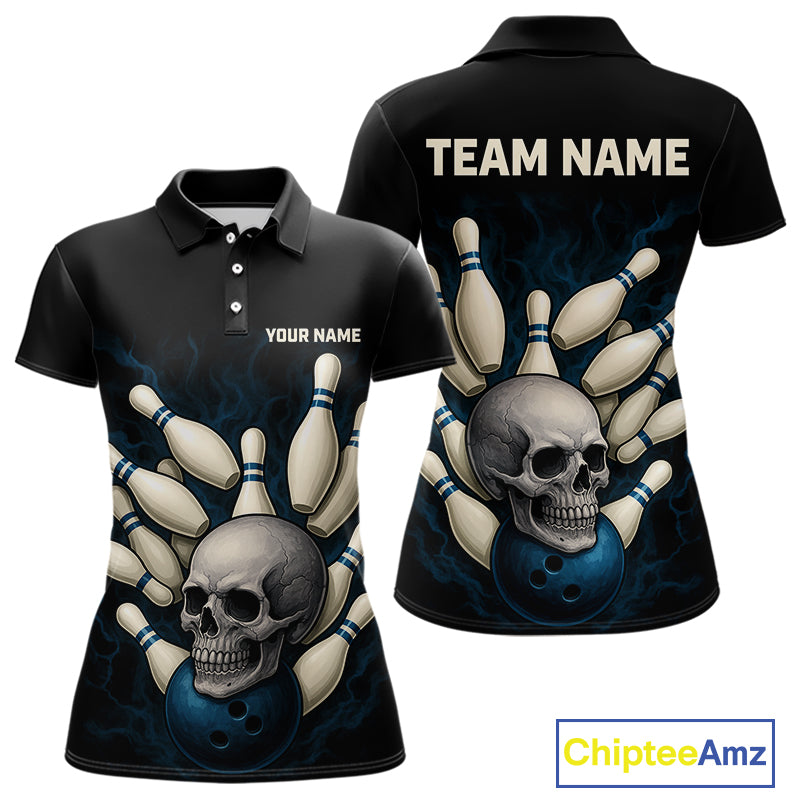 Black and Blue Skull Bowling Ball and Pins Bowling Shirts For Women Custom skull team bowling jerseys NQS9850