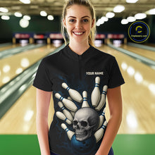 Load image into Gallery viewer, Black and Blue Skull Bowling Ball and Pins Bowling Shirts For Women Custom skull team bowling jerseys NQS9850