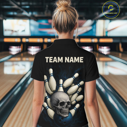 Black and Blue Skull Bowling Ball and Pins Bowling Shirts For Women Custom skull team bowling jerseys NQS9850