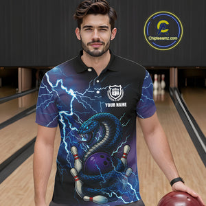 Personalized Black And Blue Thunder Lightning Cobra Snake Bowling Shirts For Men, Bowling Team Uniform NQS9852