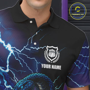 Personalized Black And Blue Thunder Lightning Cobra Snake Bowling Shirts For Men, Bowling Team Uniform NQS9852