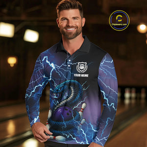 Personalized Black And Blue Thunder Lightning Cobra Snake Bowling Shirts For Men, Bowling Team Uniform NQS9852