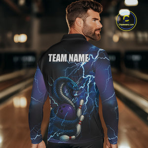 Personalized Black And Blue Thunder Lightning Cobra Snake Bowling Shirts For Men, Bowling Team Uniform NQS9852