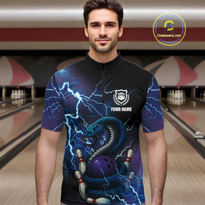 Personalized Black And Blue Thunder Lightning Cobra Snake Bowling Shirts For Men, Bowling Team Uniform NQS9852