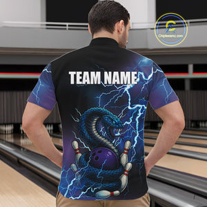 Personalized Black And Blue Thunder Lightning Cobra Snake Bowling Shirts For Men, Bowling Team Uniform NQS9852