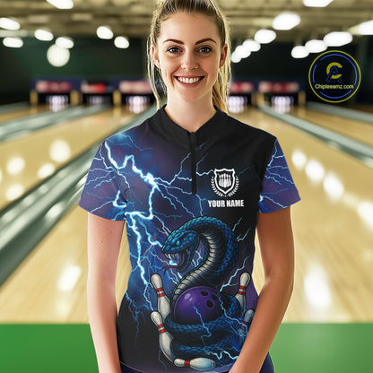 Personalized Blue Thunder Lightning Cobra Snake Bowling Shirts For Women, Bowling Team Uniform NQS9852