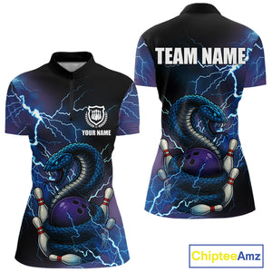Personalized Blue Thunder Lightning Cobra Snake Bowling Shirts For Women, Bowling Team Uniform NQS9852
