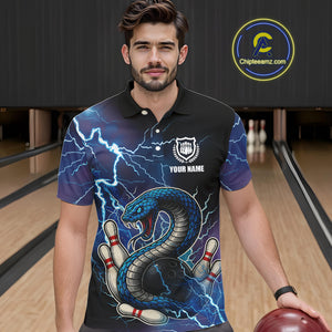 Blue Lightning Thunder Cobra Snake Bowling Polo, 1/4 Zip Shirts For Men Custom Bowling Team Uniform NQS9853