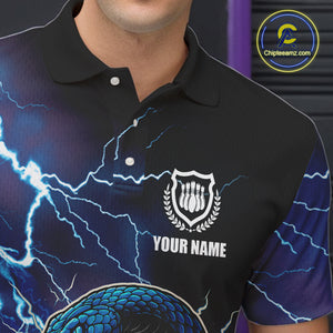 Blue Lightning Thunder Cobra Snake Bowling Polo, 1/4 Zip Shirts For Men Custom Bowling Team Uniform NQS9853
