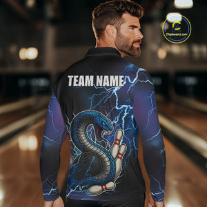 Blue Lightning Thunder Cobra Snake Bowling Polo, 1/4 Zip Shirts For Men Custom Bowling Team Uniform NQS9853