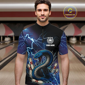 Blue Lightning Thunder Cobra Snake Bowling Polo, 1/4 Zip Shirts For Men Custom Bowling Team Uniform NQS9853