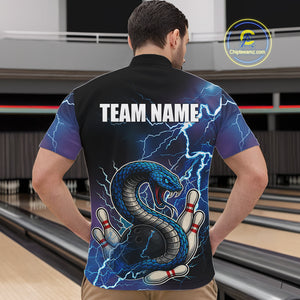 Blue Lightning Thunder Cobra Snake Bowling Polo, 1/4 Zip Shirts For Men Custom Bowling Team Uniform NQS9853