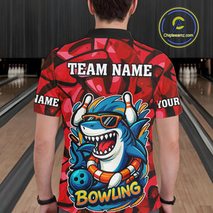 Funny Red Camo Shark Men Bowling Polo, Quarter Zip Shirts Custom Team Shark Bowling Outfit Jersey NQS10076