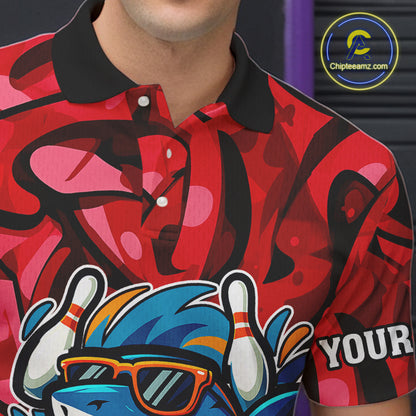 Funny Red Camo Shark Men Bowling Polo, Quarter Zip Shirts Custom Team Shark Bowling Outfit Jersey NQS10076
